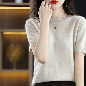 夏季新款羊绒纯色女圆领针织衫短袖100%羊毛宽松套头打底衫毛衣