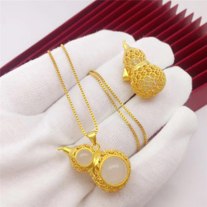 周大福星24k越南沙金999黄金项链女金镶玉葫芦吊坠饰品久不掉色