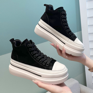 松糕鞋女厚底高帮鞋子2022年新款秋鞋休闲百搭真皮黑色内增高女鞋