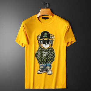 work lv ct/仕 普拉达男装联名夏季男士双丝光棉小熊烫钻圆领短袖