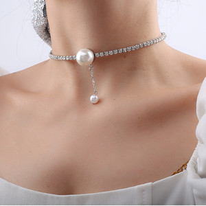 超大珍珠水晶吊坠项圈高版本缪女神镶钻高品质项链简约水钻颈链女