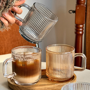 ins风条纹玻璃杯带把水杯家用饮料杯高颜值马克杯高级感咖啡杯子