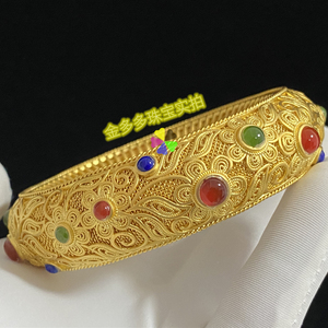 深圳水贝999足金手工花丝古法黄金手镯镶嵌红玛瑙绿松石配证书