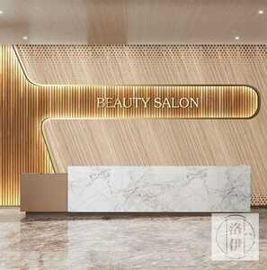 原木色前台背景墙纸美容院发廊养发馆美发店装修木纹logo形象壁纸