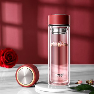 国美正品哈尔斯双层玻璃杯家用隔热透明水杯男高档便携带盖泡茶杯