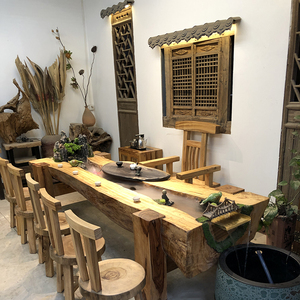 新中式禅意实木茶桌椅组合香樟木小桥流水茶几假山景观功夫泡茶台