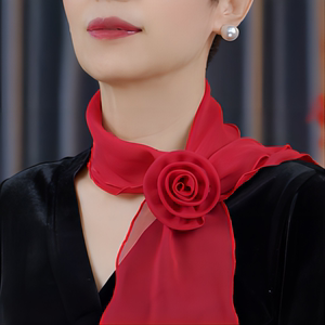 春夏新款装饰纯色玫瑰领花丝巾雪纺纱舒适多功能护颈优雅气质围巾