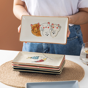 日式寿司盘长方形陶瓷家用卡通手绘创意少女心小吃刺身甜点心摆盘