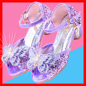 女童凉鞋紫粉色钢琴表演鞋2019新款夏季时尚水晶鞋儿童公主高跟鞋