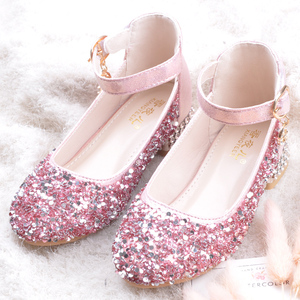 粉色儿童粗跟亮片穿4纱裙5晚礼服6蓬蓬裙7美丽的公主鞋女童的皮鞋