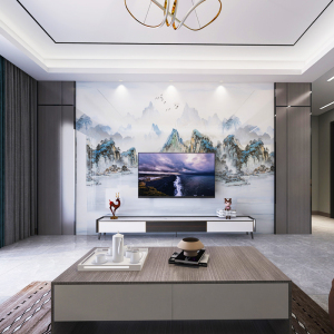 新中式岩板电视背景墙实木造型装饰客厅山水大理石新款影视墙定制