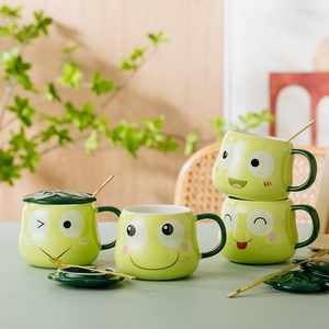 超萌小青蛙马克杯子陶瓷卡通创意可爱儿童牛奶早餐咖啡水杯带盖勺