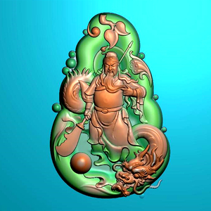 精雕图 关公龙牌挂件 玉雕图 随形人物武财神盘龙 站关公 jdp