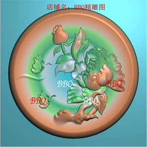 雕刻浮雕凹底圆牌玉雕图牡丹花蝴蝶圆牌精雕图花鸟圆牌蝶恋花牌子