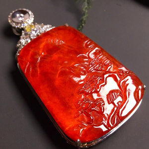 七小匠天然缅甸老坑a货翡翠冰种红翡山水牌子18k金镶嵌翡翠吊坠