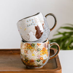 日本制进口九谷烧手工陶瓷猫咪水杯日式马克杯茶杯咖啡杯复古杯子
