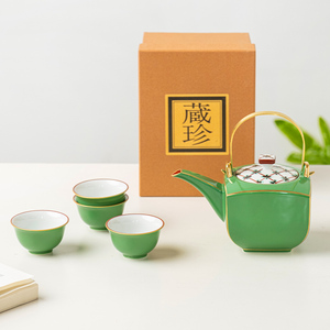 日本进口茶壶茶杯套装小鹿田烧手描绿釉提梁壶高颜值高档轻奢茶具