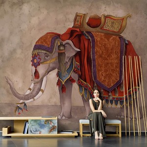 泰式手绘抽象艺术复古大象壁纸客厅电视背景墙纸定制无缝壁画墙布