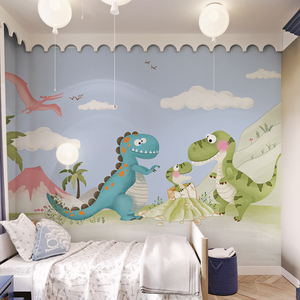 卡通恐龙墙纸童趣壁纸儿童房男孩房间墙布简约幼儿园定制壁画无缝