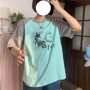 绿色拼接灰色短袖T恤可爱女装少女甜美软妹上衣日系学生清新夏季