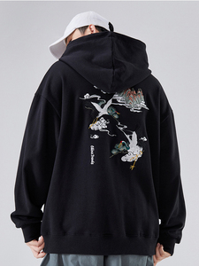 中国李宁国潮仙鹤刺绣情侣卫衣男女秋冬加绒秋冬国风宽松连帽外套