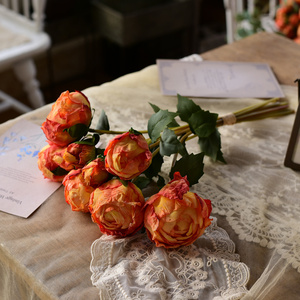 欧式复古焦边仿真玫瑰花束假花摆件客厅美式乡村装饰花艺绢花家居