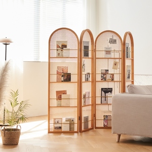 日式藤编屏风隔断客厅实木折叠可移动小户型遮挡入户简约杂志书架