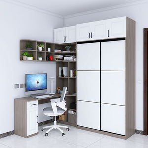 推拉门衣柜书桌一体组合小户型儿童房衣橱带书柜加实木转角电脑桌