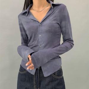 设计感深色气质宽松女衬衫秋季ins潮美式性感v领排扣短款长袖上衣