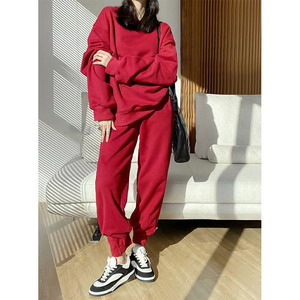 高级感休闲时尚炸街运动服红色卫衣卫裤两件套装女秋冬2022年新款