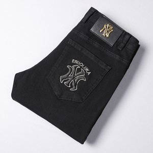 男士潮流修身刺绣牛仔长裤外贸出口原单欧洲站黑色高端小脚牛仔裤