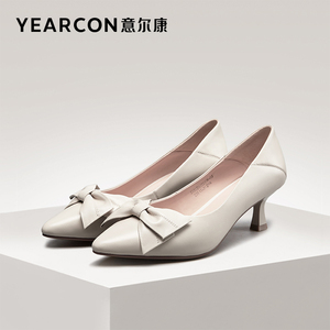 意尔康女鞋2022春新品女单鞋真皮蝴蝶结细中跟软面办公室职场单鞋