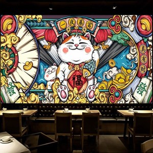 国潮中国风网红墙装饰壁纸个性创意招财猫背景墙画烧烤火锅店墙纸