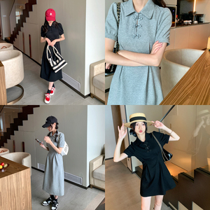 郑百万小个子女装2022夏装新品150cm国风短袖高腰盘扣polo连衣裙