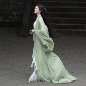 绿色直裾汉服女夏款中国风古装魏晋风夏季古风改良广袖流仙裙飘逸