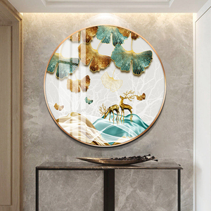 圆形玄关装饰画客厅进门入户鹿晶瓷水晶镶钻银杏轻奢单幅壁挂画