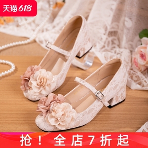 新中式女鞋一直扣方头高跟鞋配裙子山菜花旗袍鞋绒面复古新款女鞋