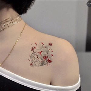 彩色持久彼岸花纹身贴小图案九尾狐脚踝锁骨男女防水纹身手腕仿真