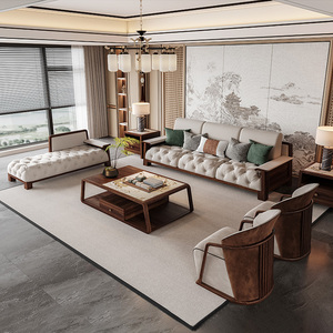 新中式乌金木真皮沙发组合简约现代客厅大户型别墅酒店全实木家具