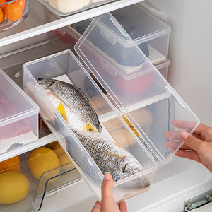 日式冰箱冷冻鱼肉沥水保鲜盒厨房分类收纳盒塑料长方形带盖冷藏盒