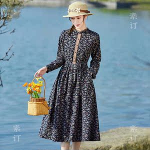 素订棉麻旗舰店女装品牌春夏新款纯棉优雅碎花抽绳显瘦a字连衣裙