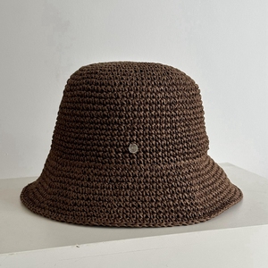 设计师款浅灰色手工编织帽女士草帽渔夫帽遮阳帽咖色可折叠卷边夏
