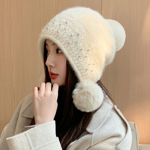 可爱三球毛线帽女冬季韩版保暖甜美减龄包头帽时尚护耳点钻针织帽