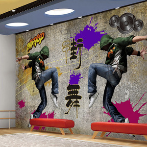 3d个性潮流音乐舞蹈训练室健身房街舞涂鸦卡通人物背景墙主题壁纸