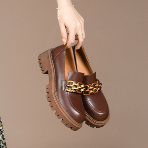 新款小皮鞋女英伦风牛筋底真皮软皮软底复古粗跟圆头乐福鞋单鞋潮