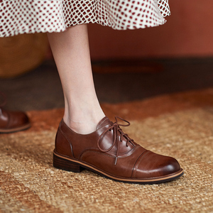 小皮鞋女配裙子英伦风布洛克复古棕色头层牛皮牛筋底系带圆头单鞋