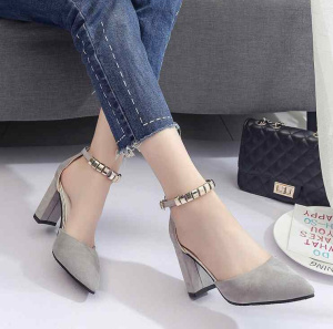 八公分高跟鞋女粗跟8厘米尖头绒面浅口一字扣少女女式宴会上班