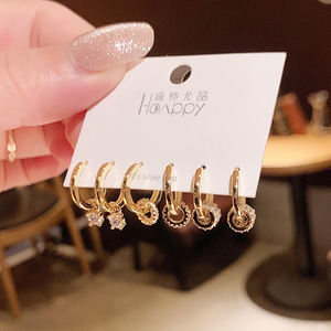 韩国锆石转运珠组合套装耳环女ins森系可爱6件套耳钉小巧耳圈耳扣