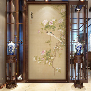 现代新中式玉兰花鸟玄关壁画过道竖版墙纸书房客厅背景墙壁纸墙布