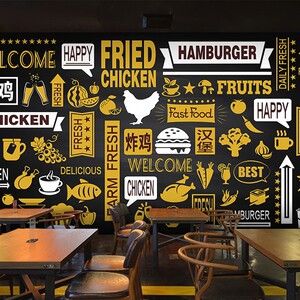 3d立体炸鸡汉堡店餐厅装修墙纸披萨小吃奶茶店壁布甜品烘培店壁纸